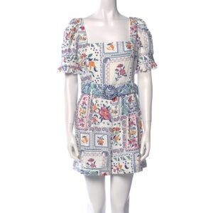 Caroline Constas White Colorful Linen Cross-stitch Patchwork Floral Fruit Romper
